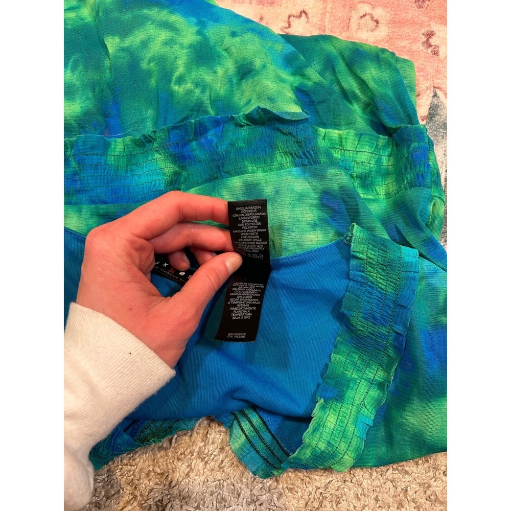 Y2K Liz Claiborne Tie Dye V Neck Ruffled Babydoll Top Blue Green Size S - Picture 5 of 7